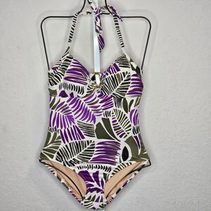Lands’ End Halter One-Piece Swimsuit Purple Green Leaf Print‎ Gold Trim Size 10